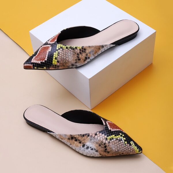 

Point Toe Snakeskin Flat Mules, Multicolor