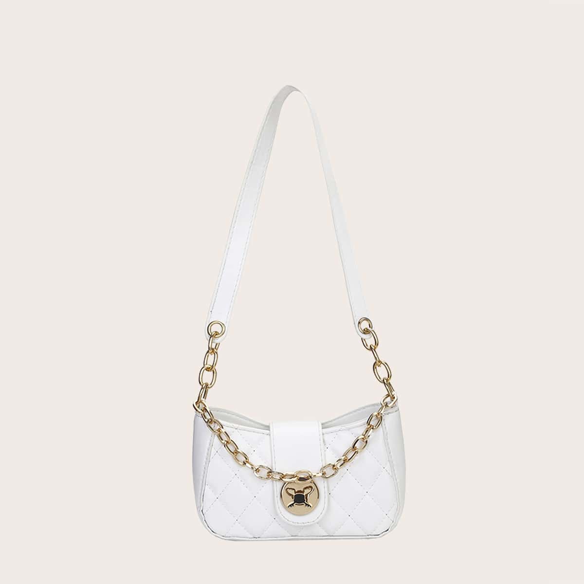 

Quilted Chain Baguette Bag, White