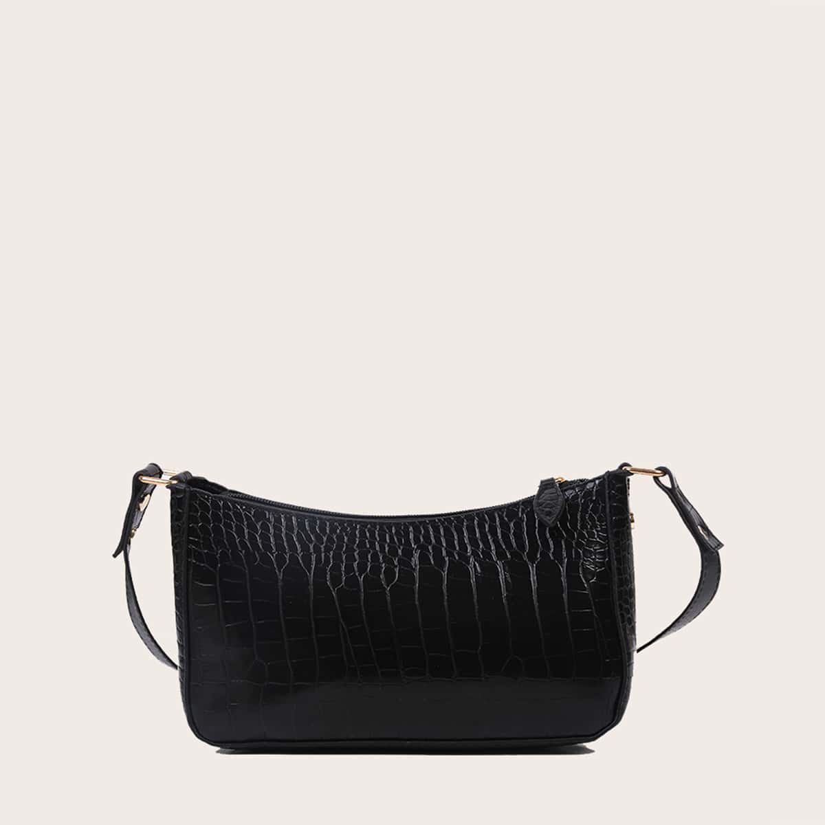 

Croc Embossed Baguette Bag, Black