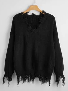 Plus Distressed Frayed V-Neck Sweater