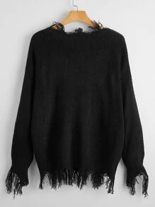 Plus Distressed Frayed V-Neck Sweater