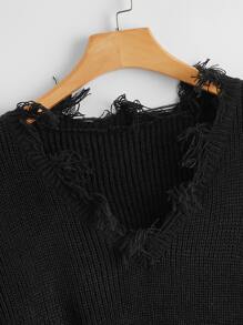 Plus Distressed Frayed V-Neck Sweater