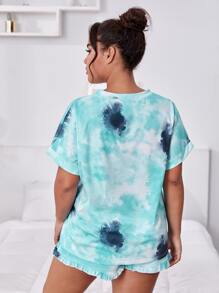 Plus Tie-Dye Wash Tee & Ruffled Shorts PJ Set / Pajama Set - Mint Blue - View 2