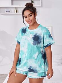 Plus Tie-Dye Wash Tee & Ruffled Shorts PJ Set / Pajama Set - Mint Blue - View 3