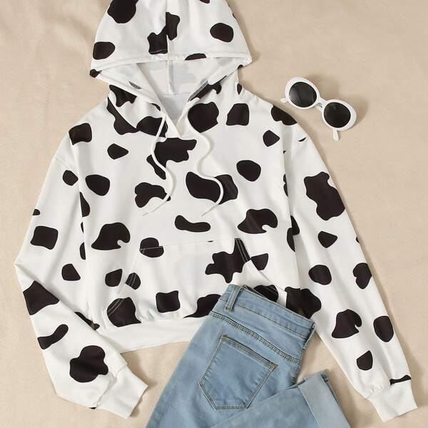 

Cow Print Kangaroo Pocket Hoodie, Black and white
