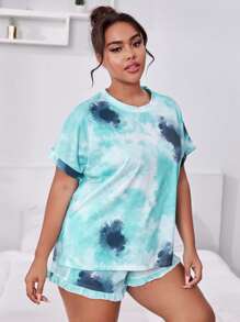 Plus Tie-Dye Wash Tee & Ruffled Shorts PJ Set / Pajama Set - Mint Blue - View 4