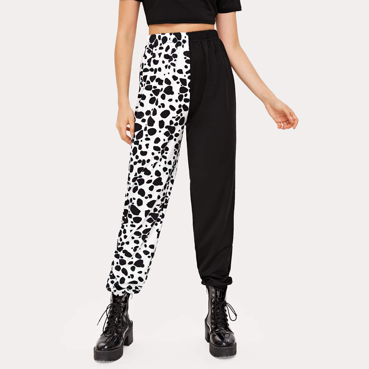 

Colorblock Allover Print Joggers, Black and white