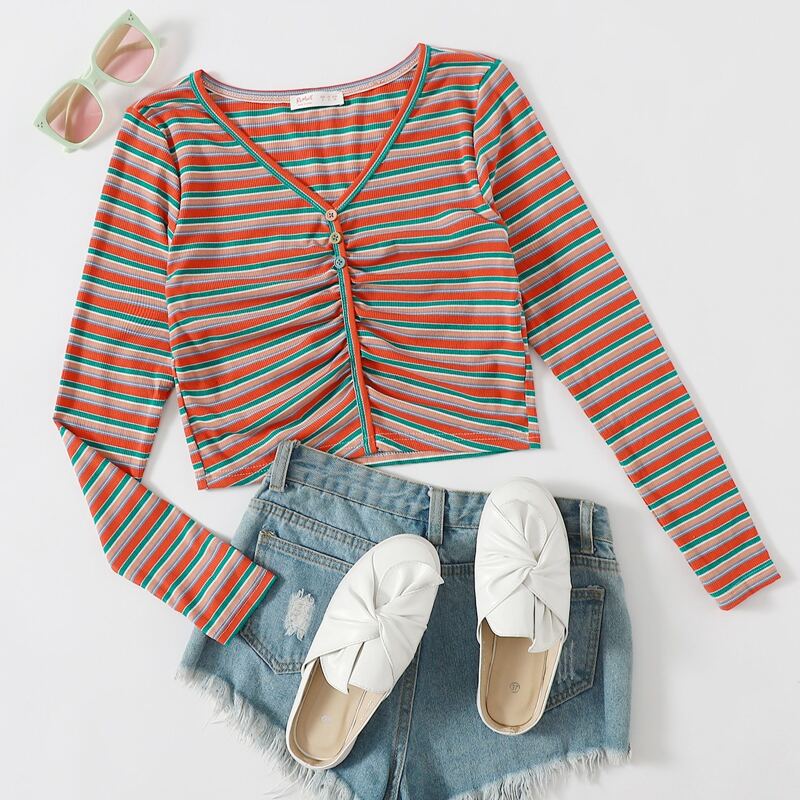 

Colorful Striped Button Tee, Multicolor
