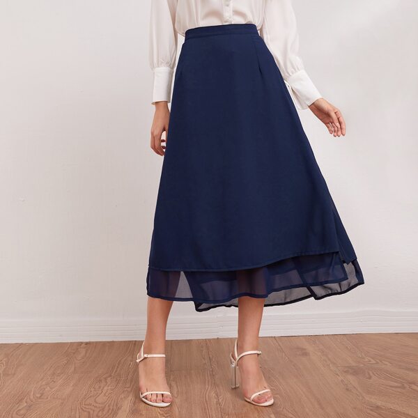 

Chiffon Tiered Layer Split Hem Skirt, Navy blue