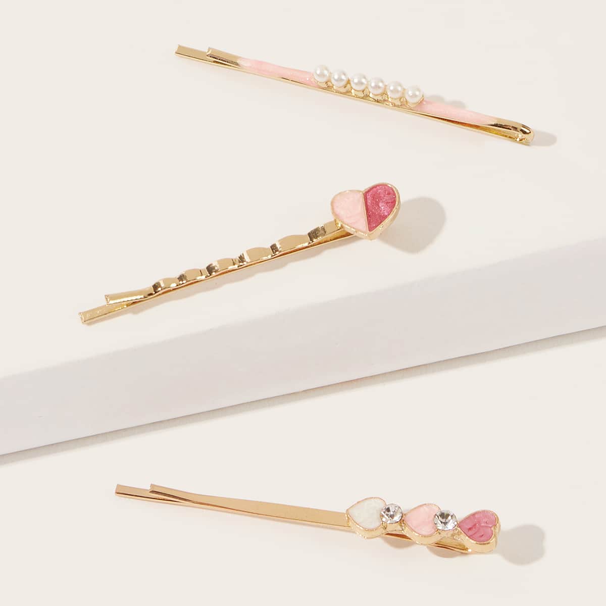 

3pcs Heart & Faux Pearl Design Hair Clip, Multicolor