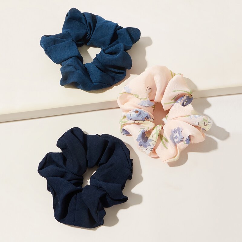 

3pcs Plain & Floral Scrunchie, Multicolor