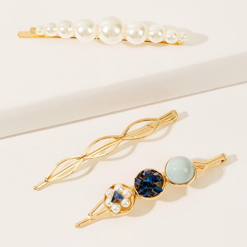 

3pcs Faux Pearl & Crystal Decor Hair Clip, Multicolor