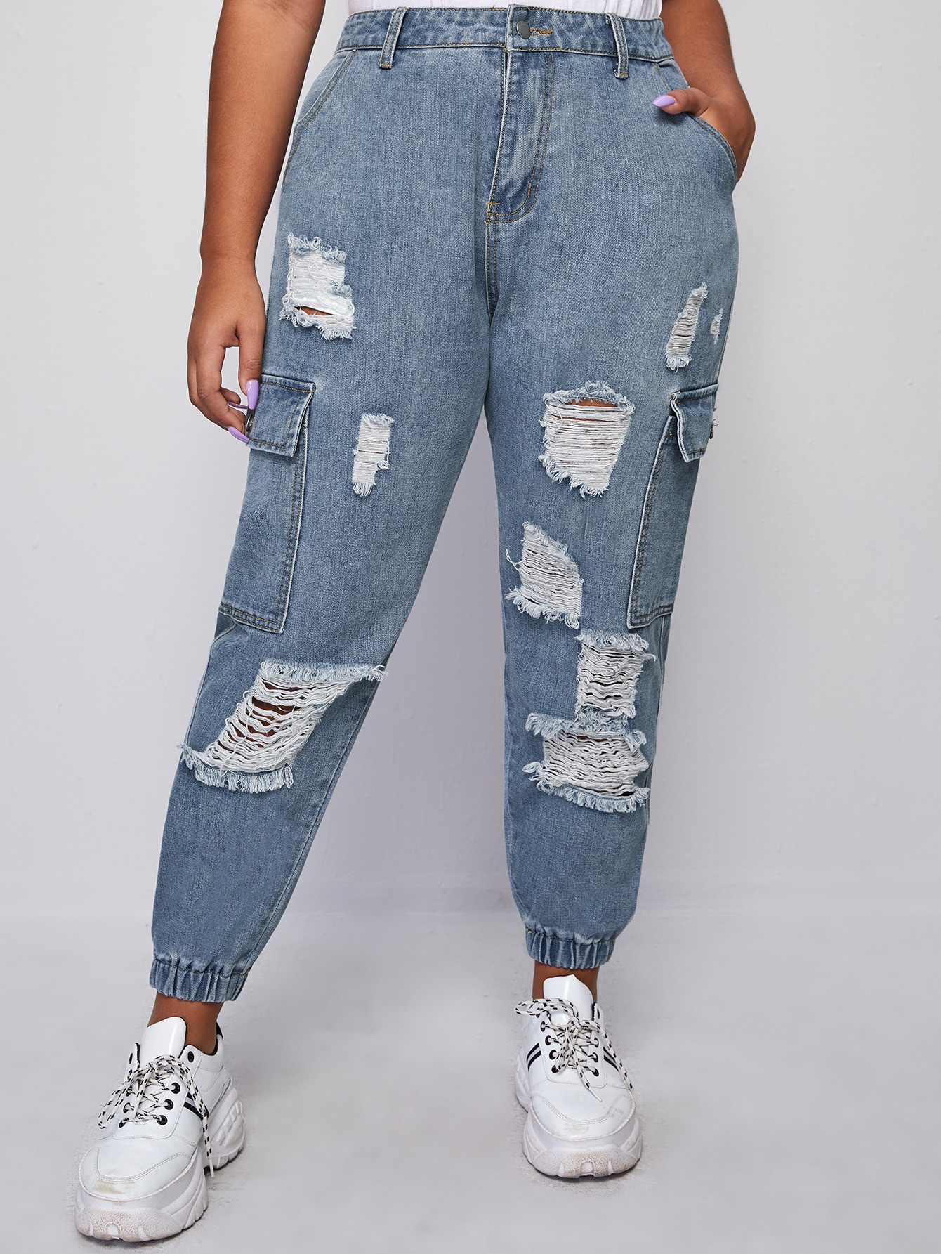 Plus Buttoned Front Ripped Flap Pocket Patched Jeans thumbnail