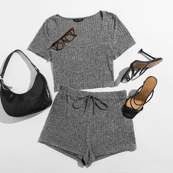 

Scoop Neck Rib-knit Crop Top & Knot Waist Shorts Set, Grey