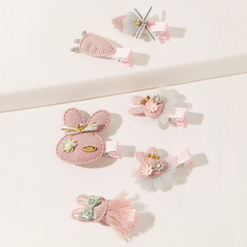 

6pcs Floral & Rhinestone Decor Hair Clip, Baby pink