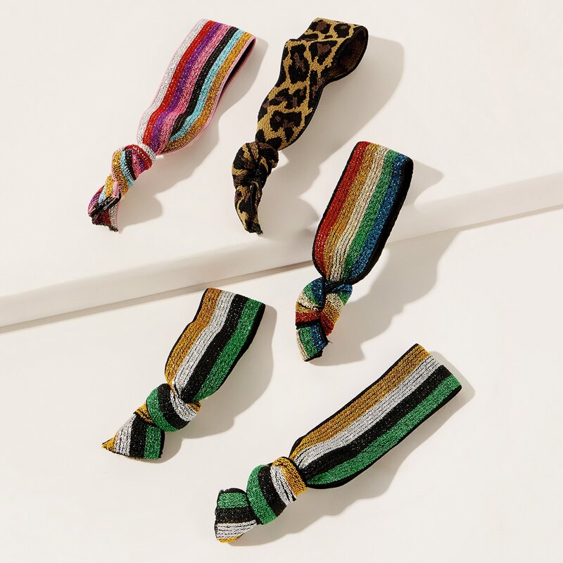 

5pcs Rainbow Striped & Leopard Hair Tie, Multicolor
