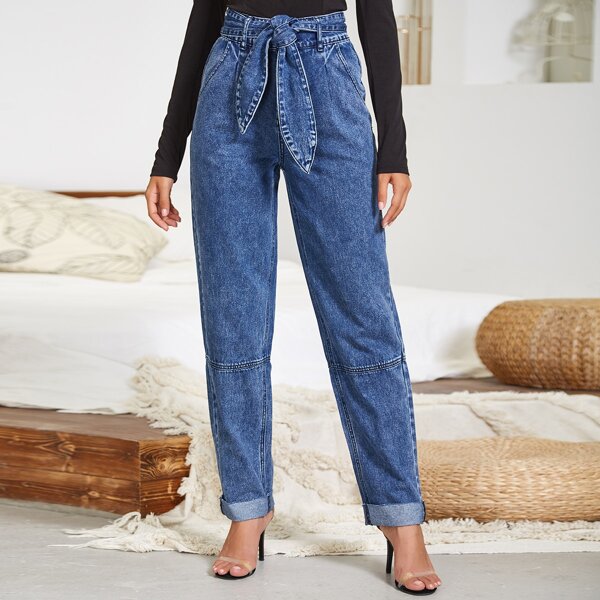 

High Waisted Button Wide Waistband Belted Jeans, Medium wash