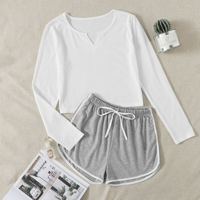

Ribbed Tee & Dolphin Shorts Lounge Set, Multicolor