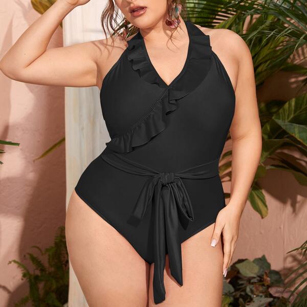 

Plus Ruffle Trim Halter One Piece Swimsuit, Black