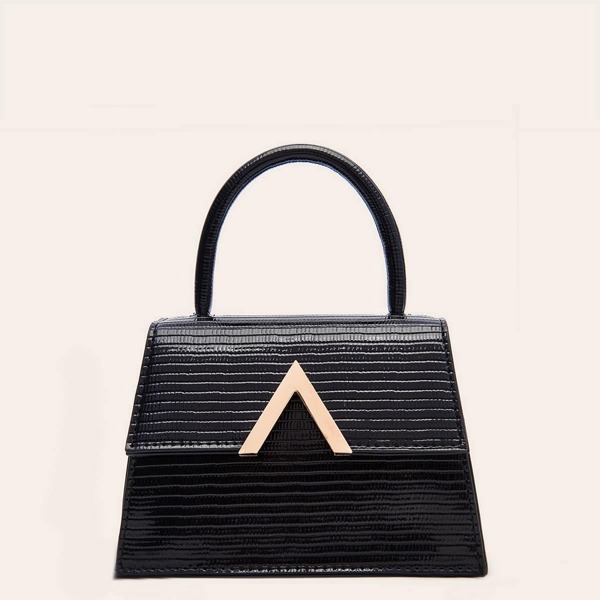 

Metal Edge Lizard Embossed Satchel Bag, Black