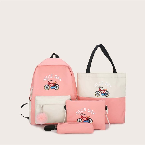 

4pcs Cartoon Graphic Backpack Set, Pink