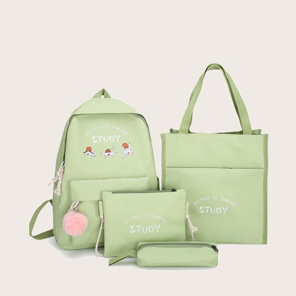 

4pcs Letter Graphic Backpack Set, Green