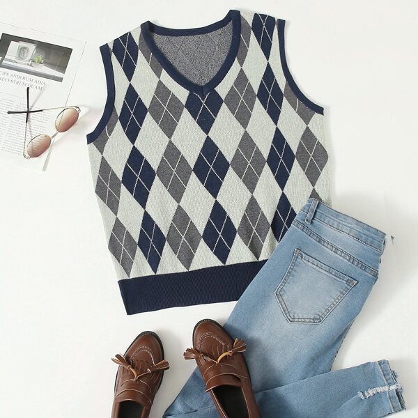 

Plus Argyle Pattern Sweater Vest, Multicolor