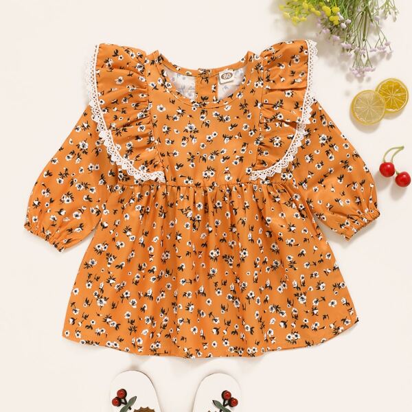 

Baby Girl Ditsy Floral Ruffle Button Back Smock Dress, Orange
