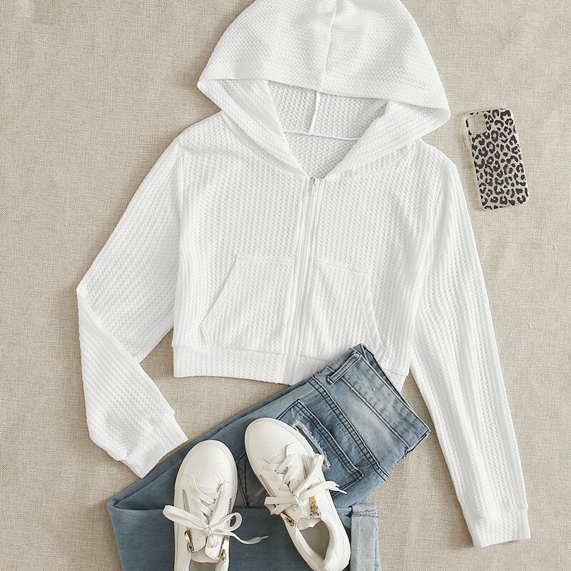 

Waffle Knit Zip-Up Crop Hoodie, White