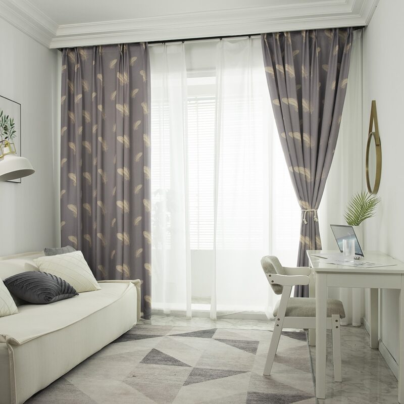 

1pc Feather Print Curtain, Grey