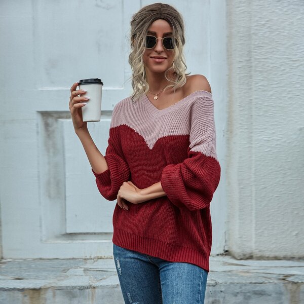

Contrast Chevron Panel Drop Shoulder Sweater, Burgundy