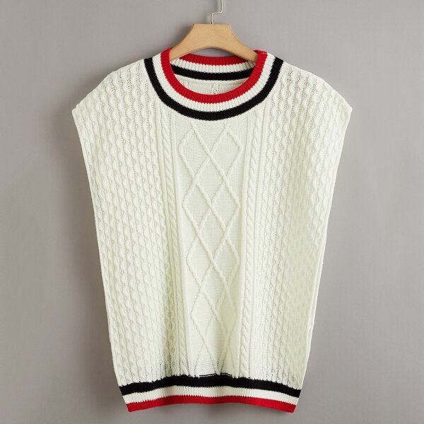 

Plus Stripe Trim Cable Knit Sweater Vest, Beige