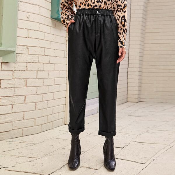 

PU Frill Waist Straight Leg Pants, Black