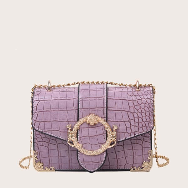 

Metal Decor Croc Embossed Crossbody Bag, Purple