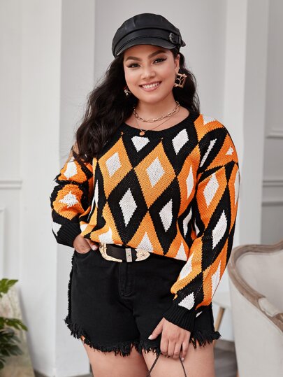 Plus Drop Shoulder Argyle Sweater