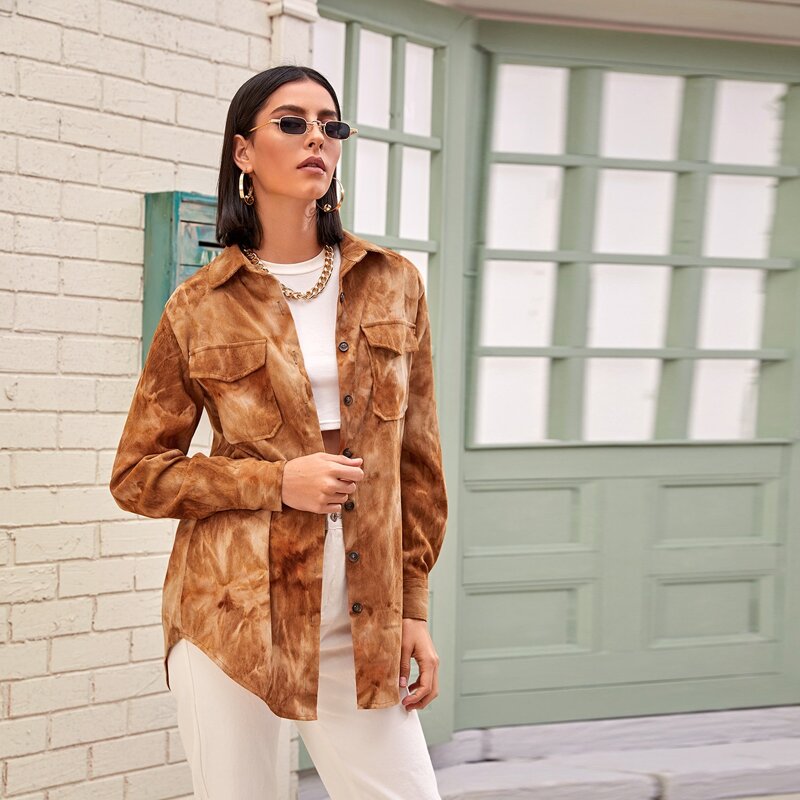 

Tie Dye Flap Pocket Corduroy Overshirt, Brown