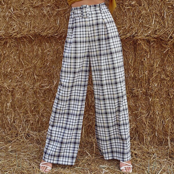 

Fold Pleated Front Buckle Belted Plaid Pants, Black and white