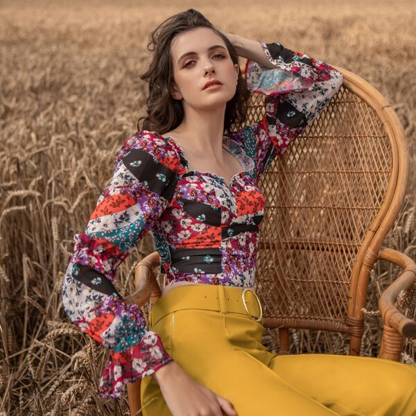 

Frill Trim Gathered Sleeve Tie Back Bustier Top, Multicolor