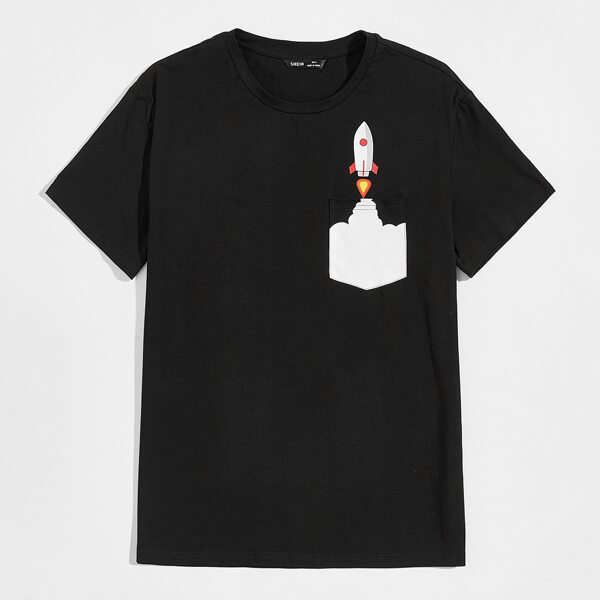 

Men Rocket Print Pocket Patched Tee, Black