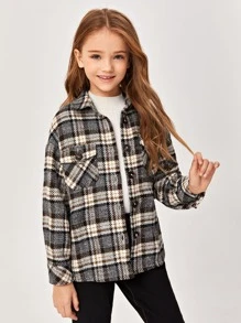 SHEIN Girls Dual Flap Pocket Tweed Shacket - Multicolor - View 3