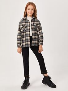 SHEIN Girls Dual Flap Pocket Tweed Shacket - Multicolor - View 4