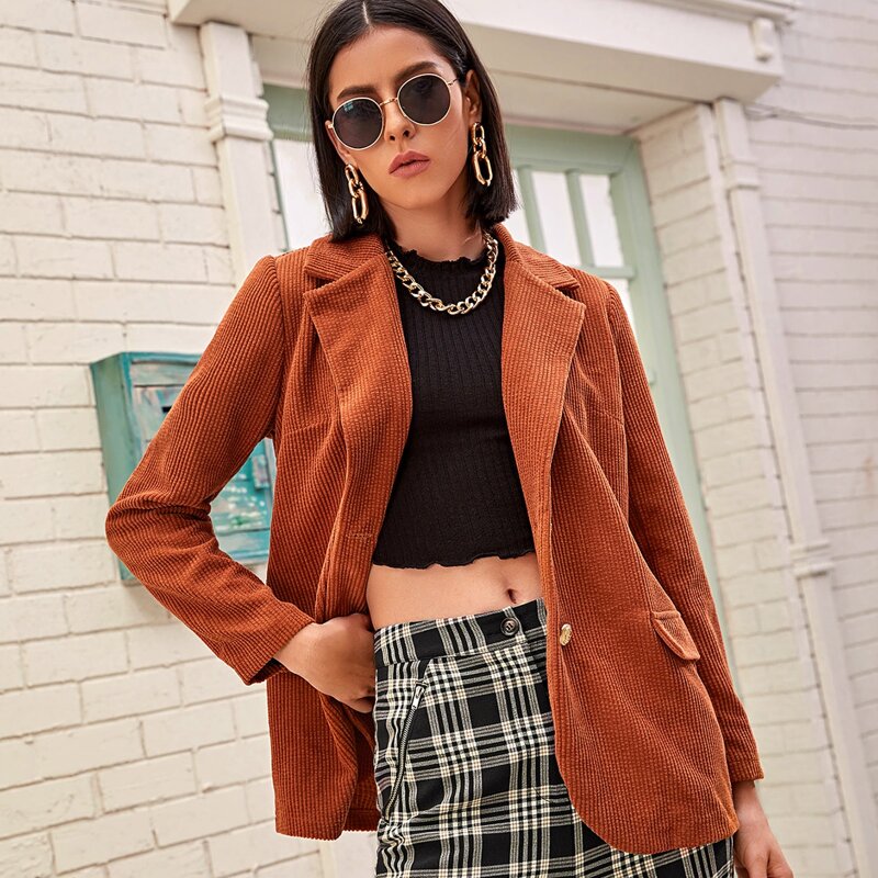 

Lapel Neck Single Breasted Corduroy Blazer, Burnt orange