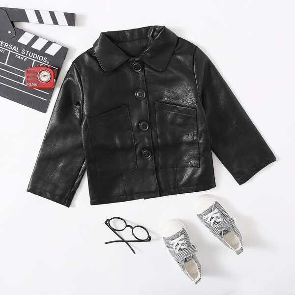 

Toddler Girls Pocket & Button Front PU Leather Moto Jacket, Black