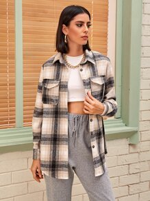 Plaid Button Up Curved Hem Overcoat
