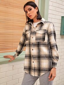 Plaid Button Up Curved Hem Overcoat