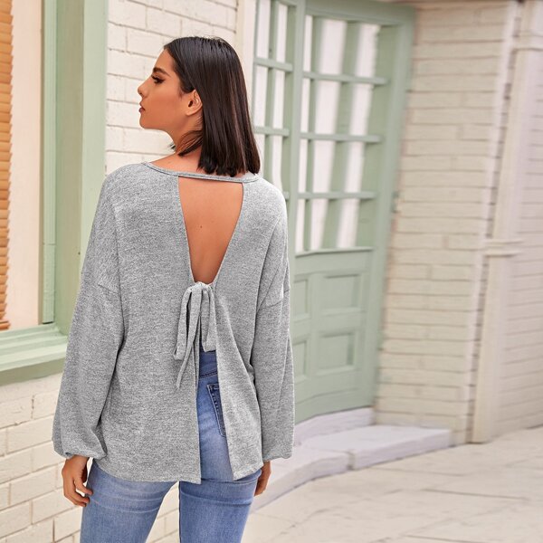 

Tie Back V-cut Drop Shoulder Tee, Light grey