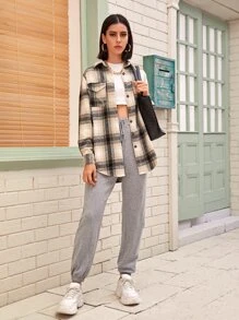 Plaid Button Up Curved Hem Overcoat