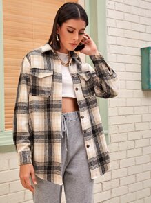 Plaid Button Up Curved Hem Overcoat