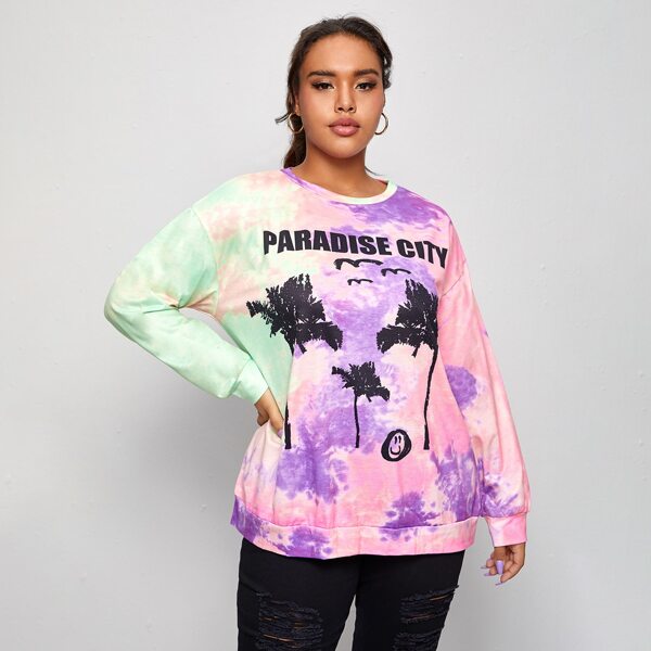 

Plus Drop Shoulder Letter & Tie Dye Print Sweatshirt, Multicolor