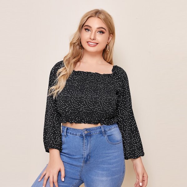 

Plus Polka Dot Shirred Frill Crop Milkmaid Blouse, Black